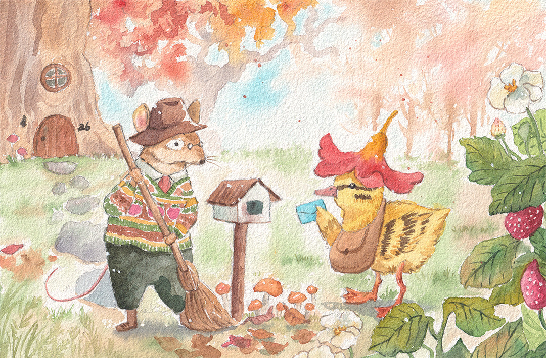 Watercolour illustration of a duckling delivering a letter to an old mouse sweeping autumn leaves