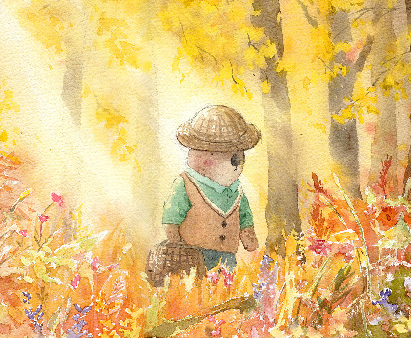 Ginkgo forest print laid flat showing the yellow autumn leaves