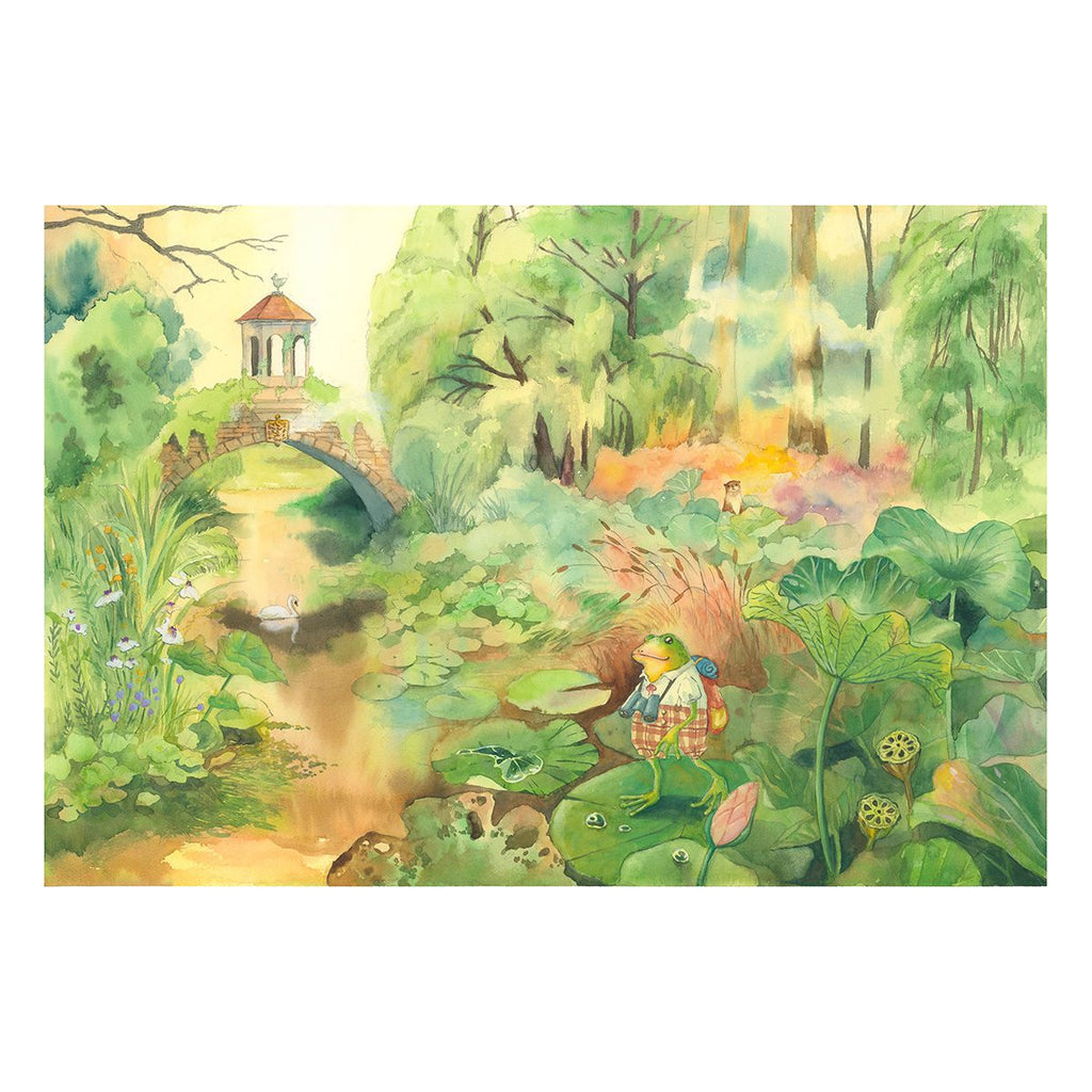 Watercolour illustration of a frog sitting among lily pads in a pond