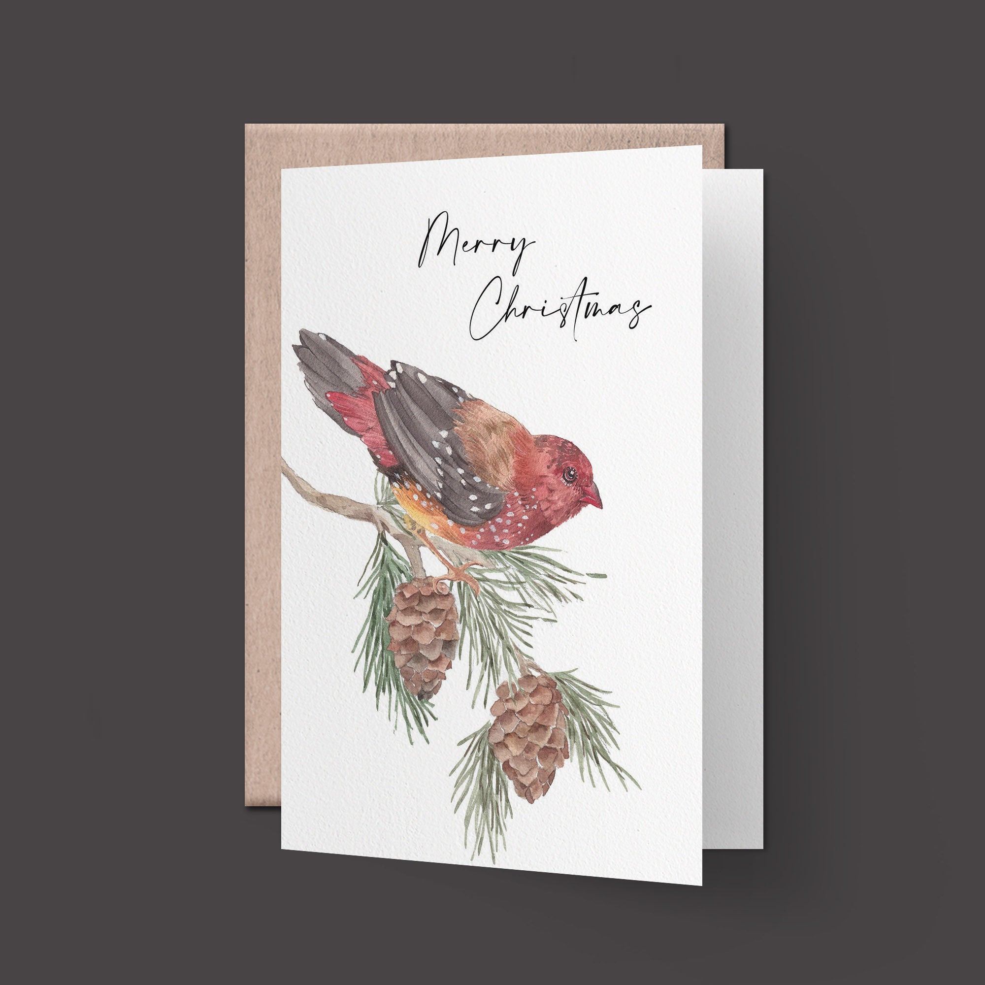 Christmas card, Strawberry finch and pine tree leaves
