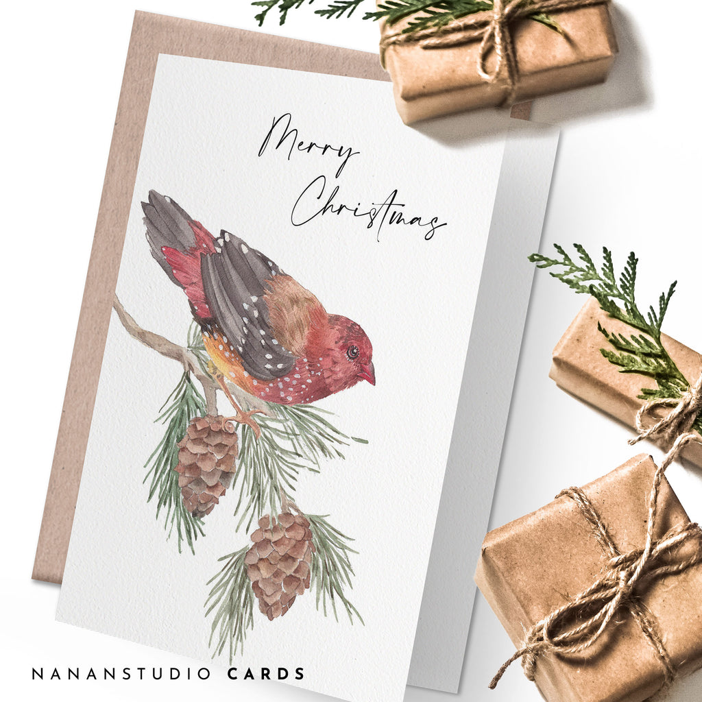 Christmas card, Strawberry finch and pine tree leaves
