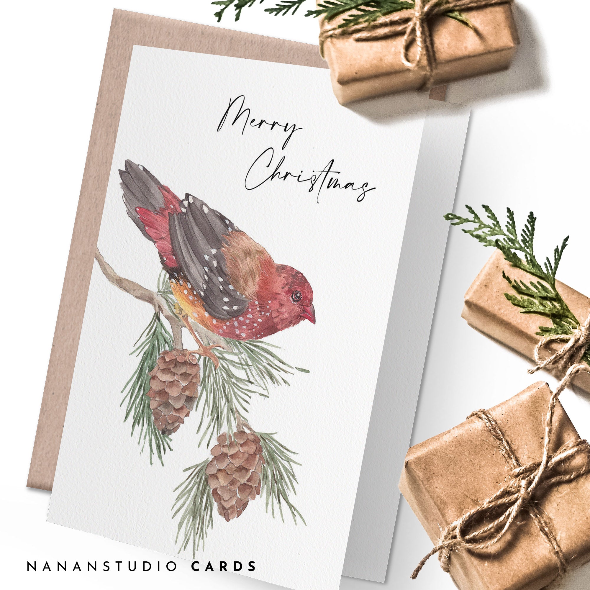 Christmas card, Strawberry finch and pine tree leaves
