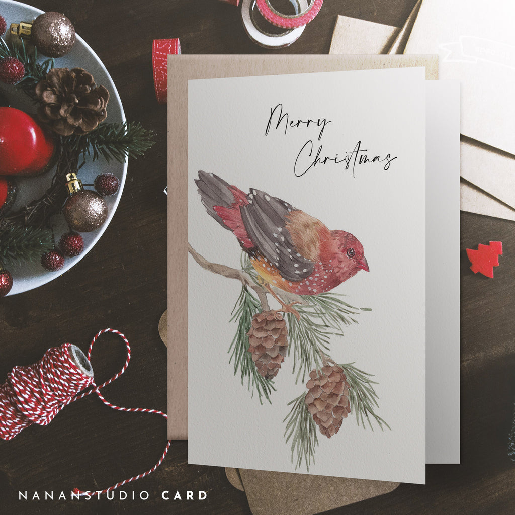 Christmas card, Strawberry finch and pine tree leaves