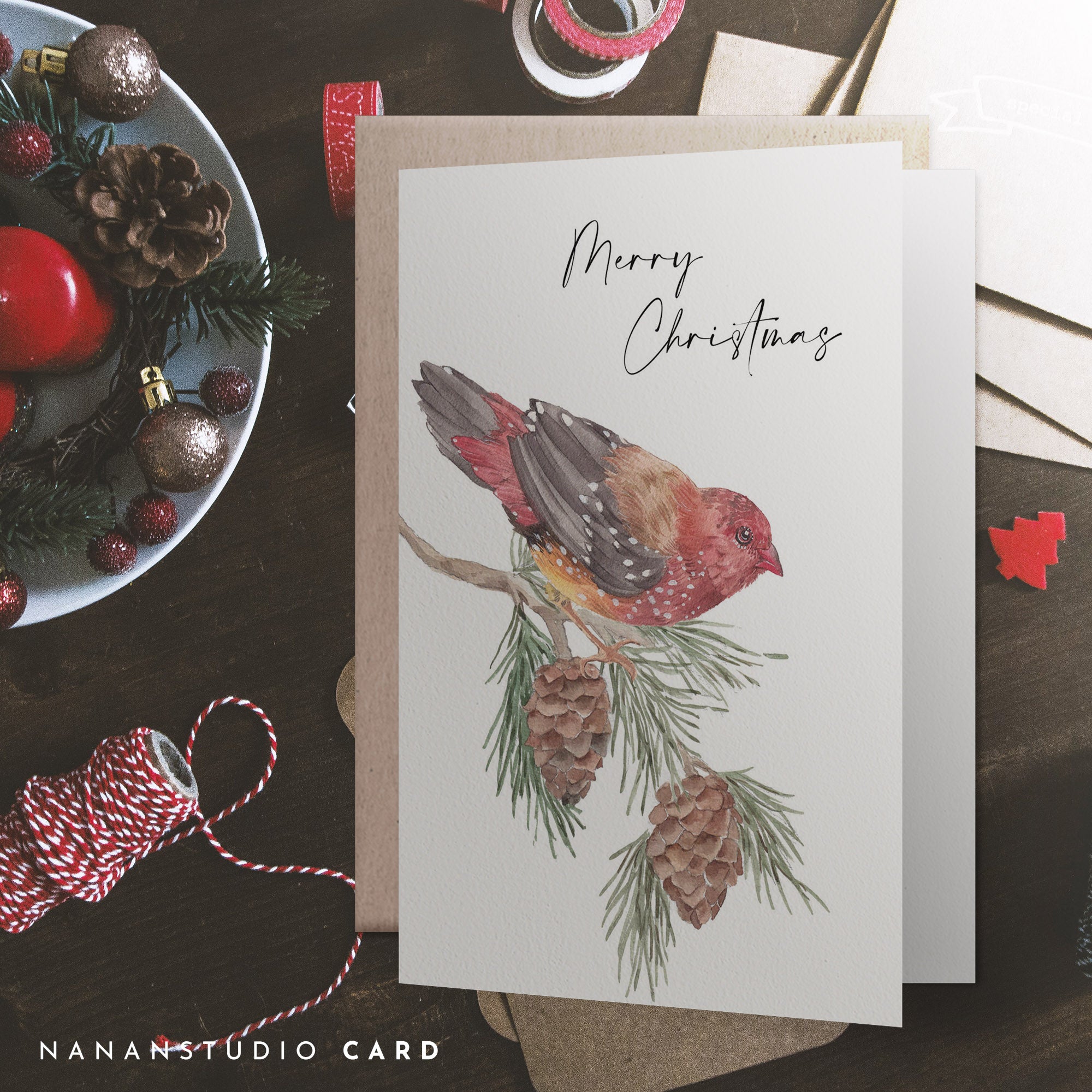 Christmas card, Strawberry finch and pine tree leaves