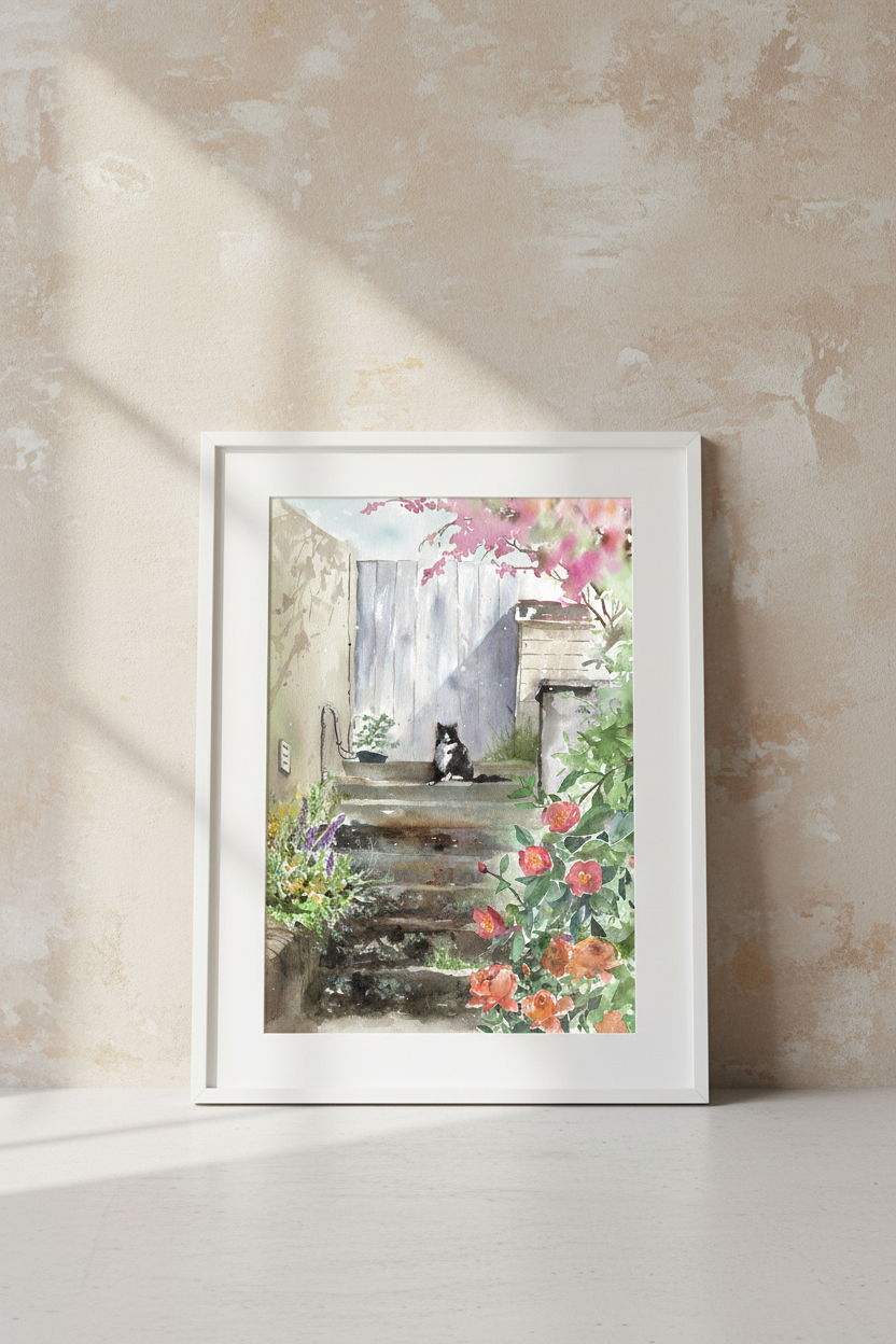 Street Cat in Balmain watercolour art print shown in a white frame