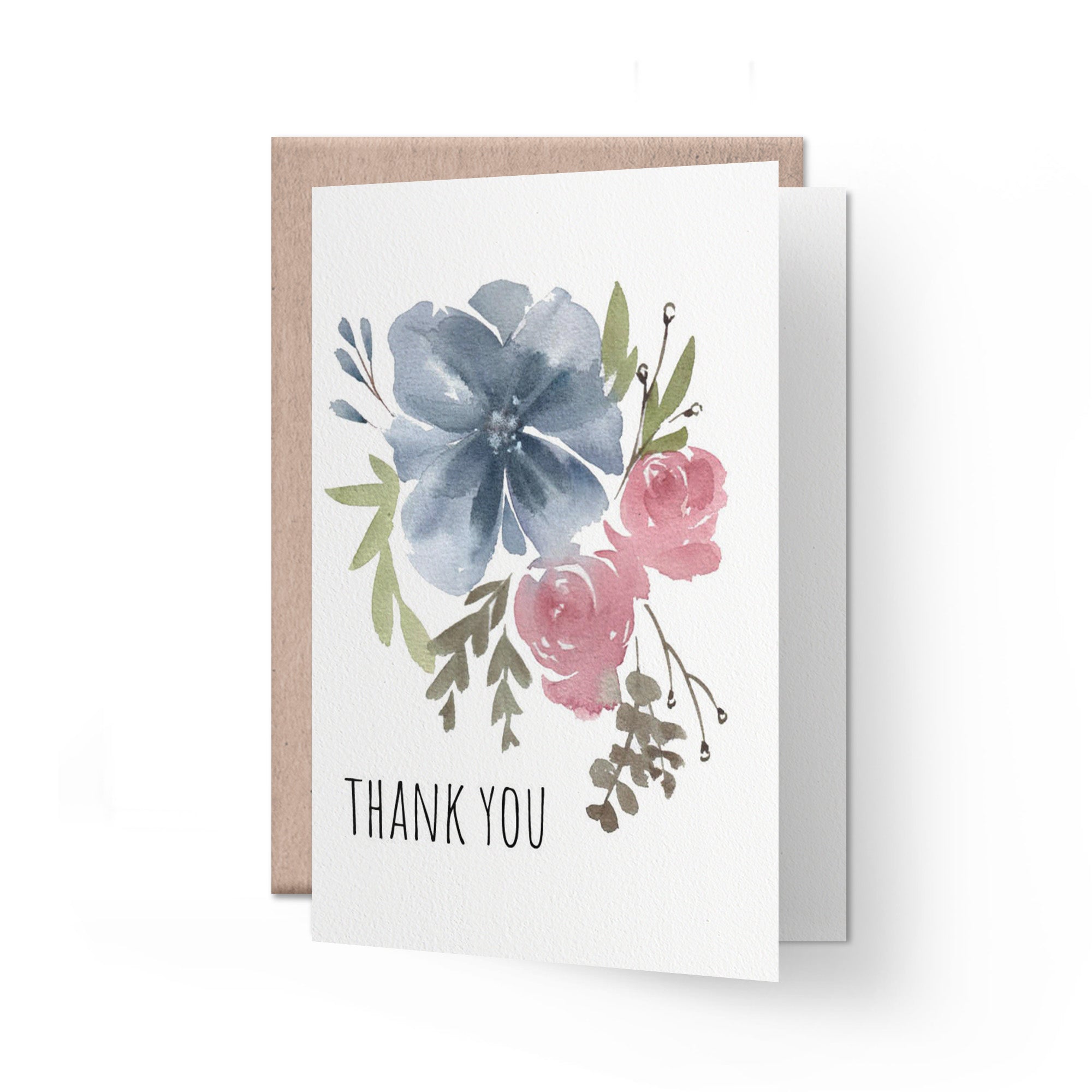 Thank you Card | watercolour blue and pink flowers