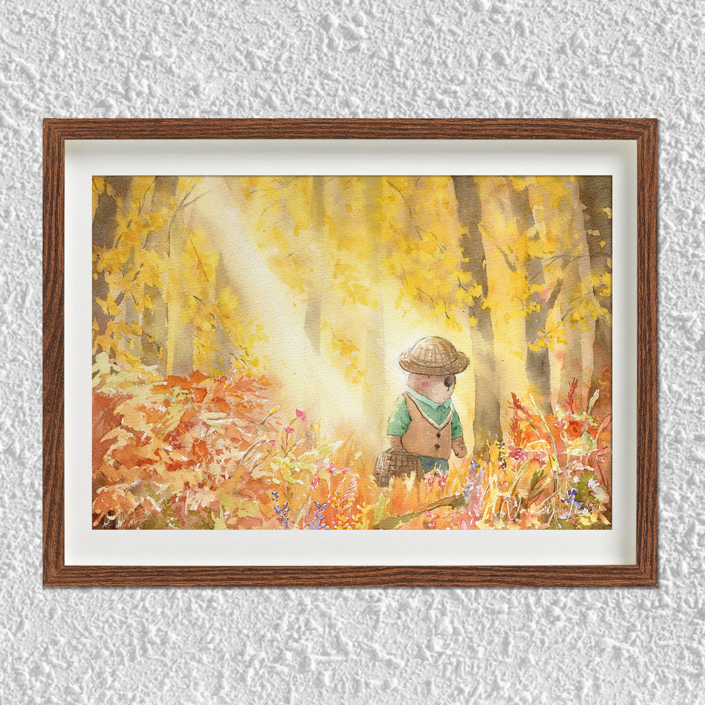 Watercolour illustration of Mr. Otter walking through a golden ginkgo forest, shown framed