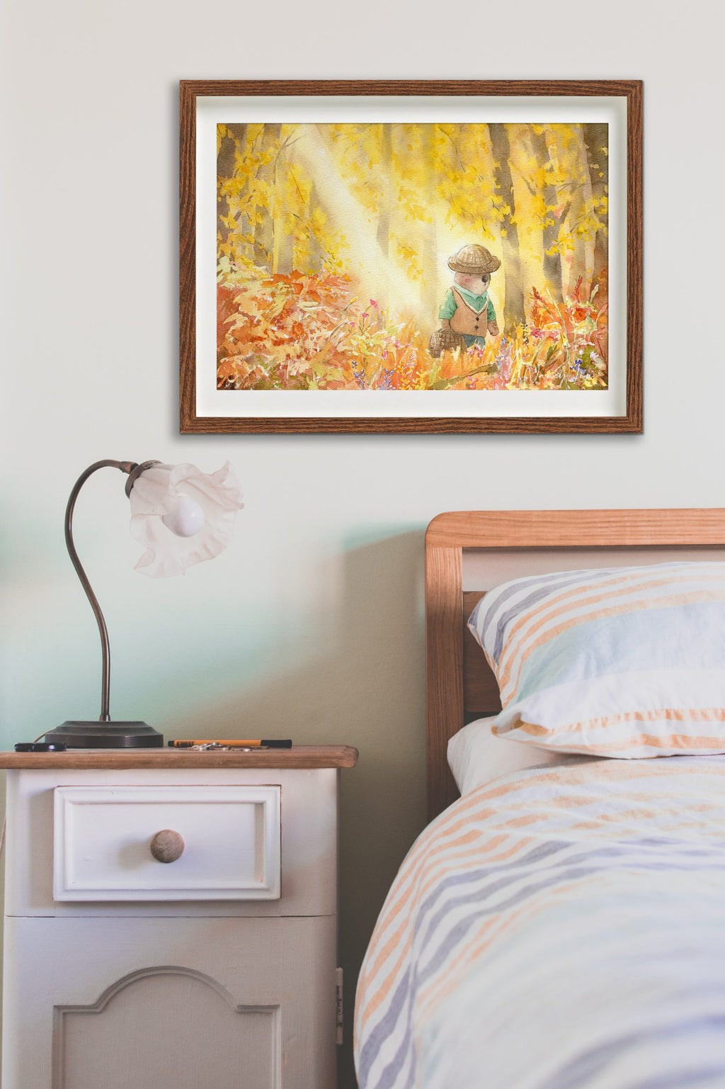 Ginkgo forest print framed and hung above furniture