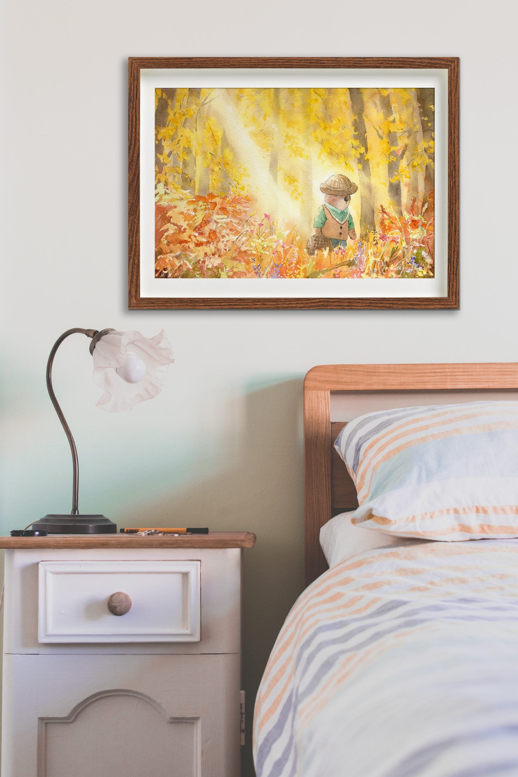 Ginkgo forest print framed and hung above furniture