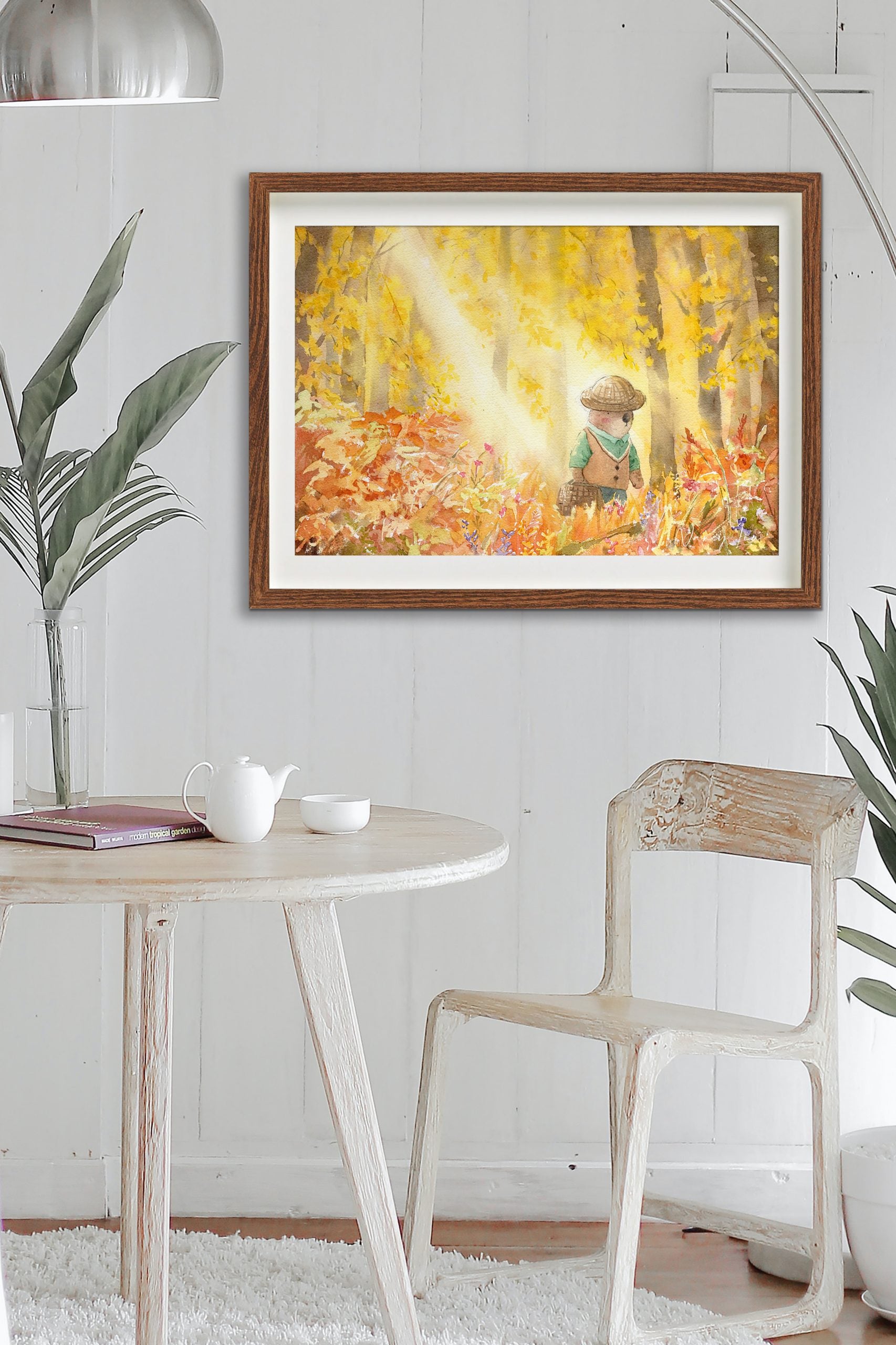 Ginkgo forest print framed in a room setting