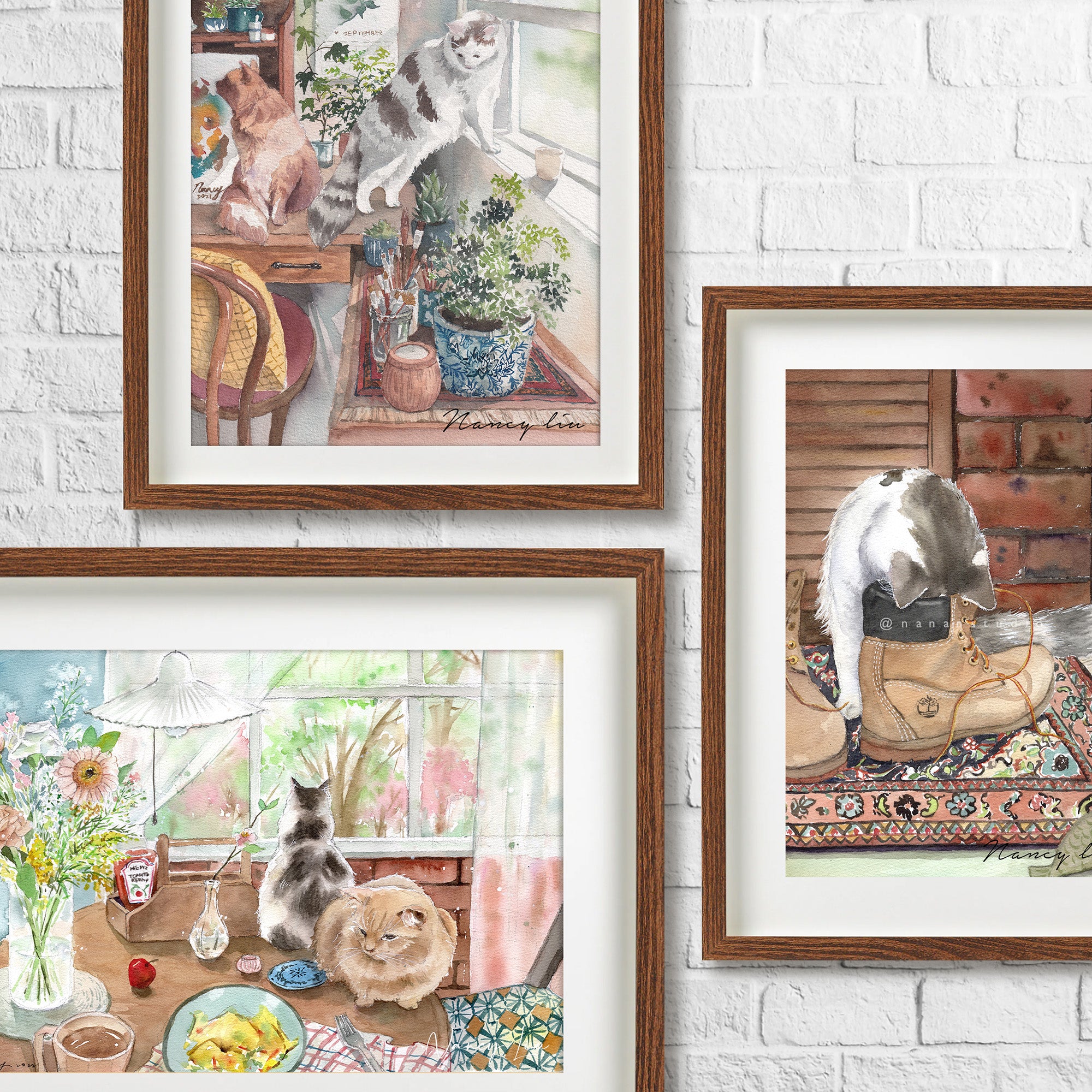 Piano and Cats watercolour wall art hanging above furniture