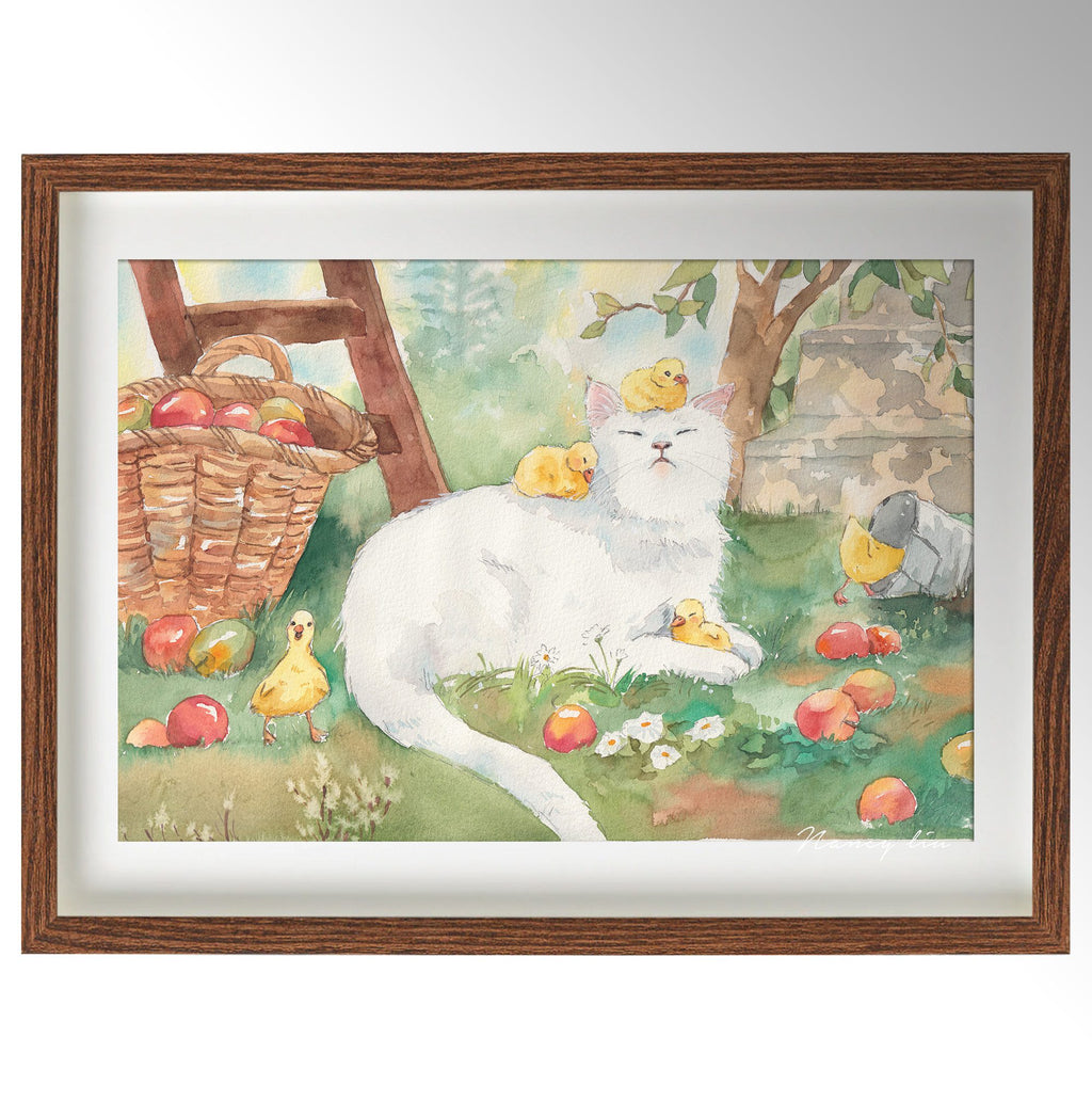 Cat with Ducklings watercolour art print shown in a white frame